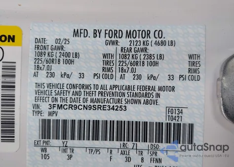 2025 Ford Bronco Sport Outer Banks from USA, damaged, VIN 3FMCR9CN9SRE34253